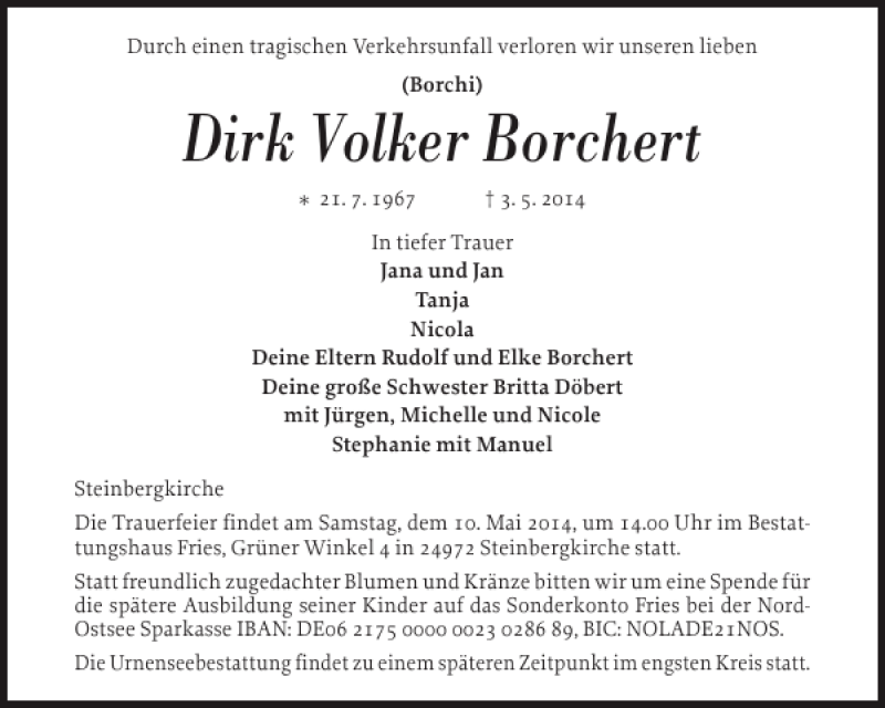  Traueranzeige für Dirk Volker Borchert vom 06.05.2014 aus Flensburger Tageblatt