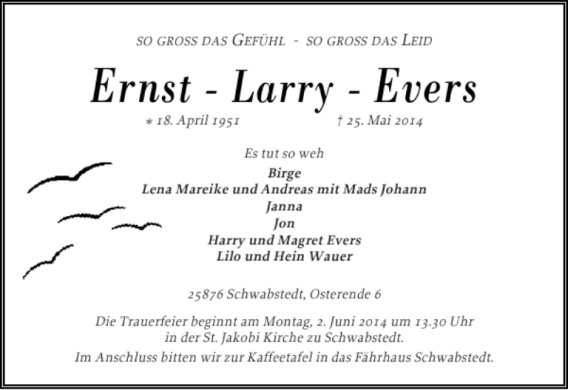  Traueranzeige für Ernst Evers vom 28.05.2014 aus Flensburger Tageblatt