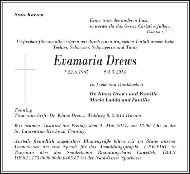  Traueranzeige für Evamaria Drews vom 07.05.2014 aus Husumer Nachrichten