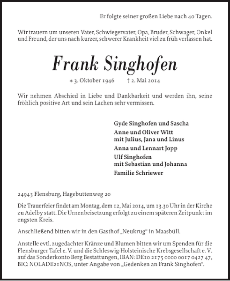  Traueranzeige für Frank Singhofen vom 07.05.2014 aus Flensburger Tageblatt