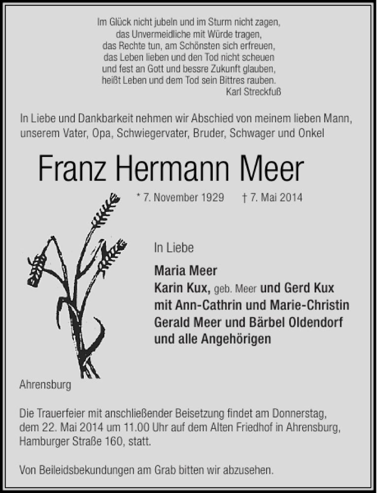  Traueranzeige für Franz Hermann Meer vom 17.05.2014 aus Stormarner Tageblatt
