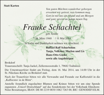 Traueranzeige von Frauke Schachtel von Norddeutsche Rundschau