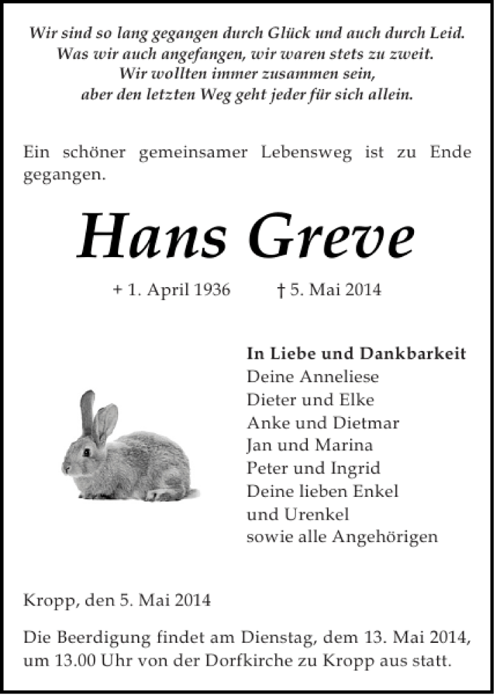  Traueranzeige für Hans Greve vom 09.05.2014 aus Landeszeitung