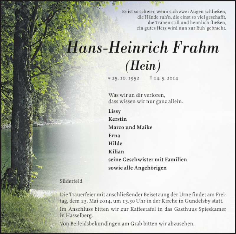  Traueranzeige für Hans-Heinrich Frahm vom 17.05.2014 aus Schlei-Bote