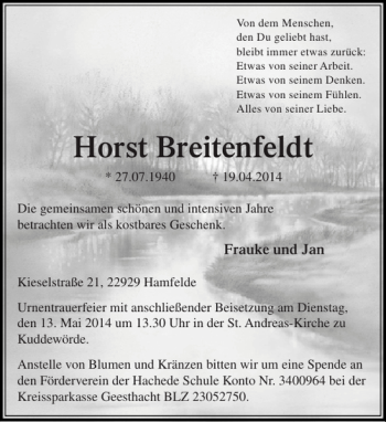 Traueranzeige von Horst Breitenfeldt von Stormarner Tageblatt