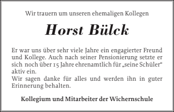 Traueranzeige von Horst Bülck von Holsteinischer Courier
