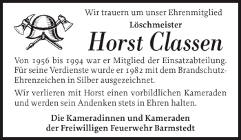 Traueranzeige von Horst Classen von Elmshorner Nachrichten