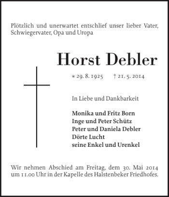 Traueranzeige von Horst Debler von Pinneberger Tageblatt
