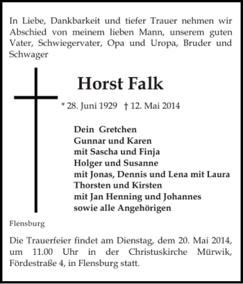 Traueranzeige von Horst Falk von Flensburger Tageblatt