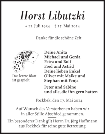 Traueranzeige von Horst Libutzki von Landeszeitung