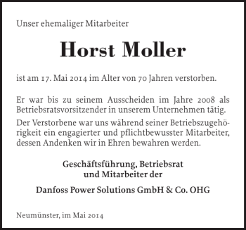 Traueranzeige von Horst Moller von Holsteinischer Courier