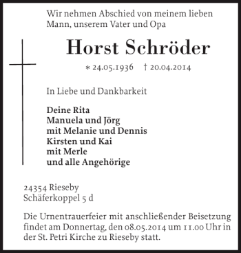 Traueranzeige von Horst Schröder von Eckernförder Zeitung