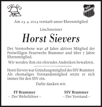 Traueranzeige von Horst Sievers von Landeszeitung