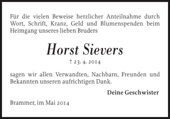 Traueranzeige von Horst Sievers von Landeszeitung
