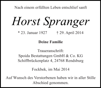 Traueranzeige von Horst Spranger von Landeszeitung