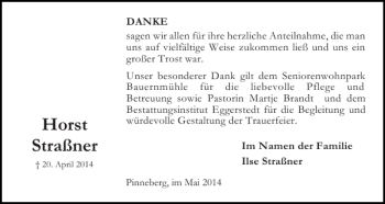 Traueranzeige von Horst Straßner von Pinneberger Tageblatt