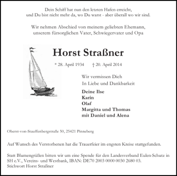 Traueranzeige von Horst Straßner von Pinneberger Tageblatt