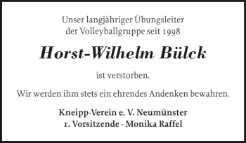 Traueranzeige von Horst-Wilhelm Bülck von Holsteinischer Courier