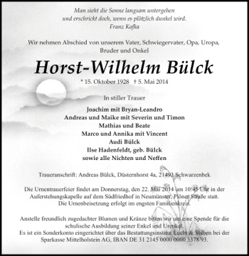 Traueranzeige von Horst-Wilhelm Bülck von Holsteinischer Courier