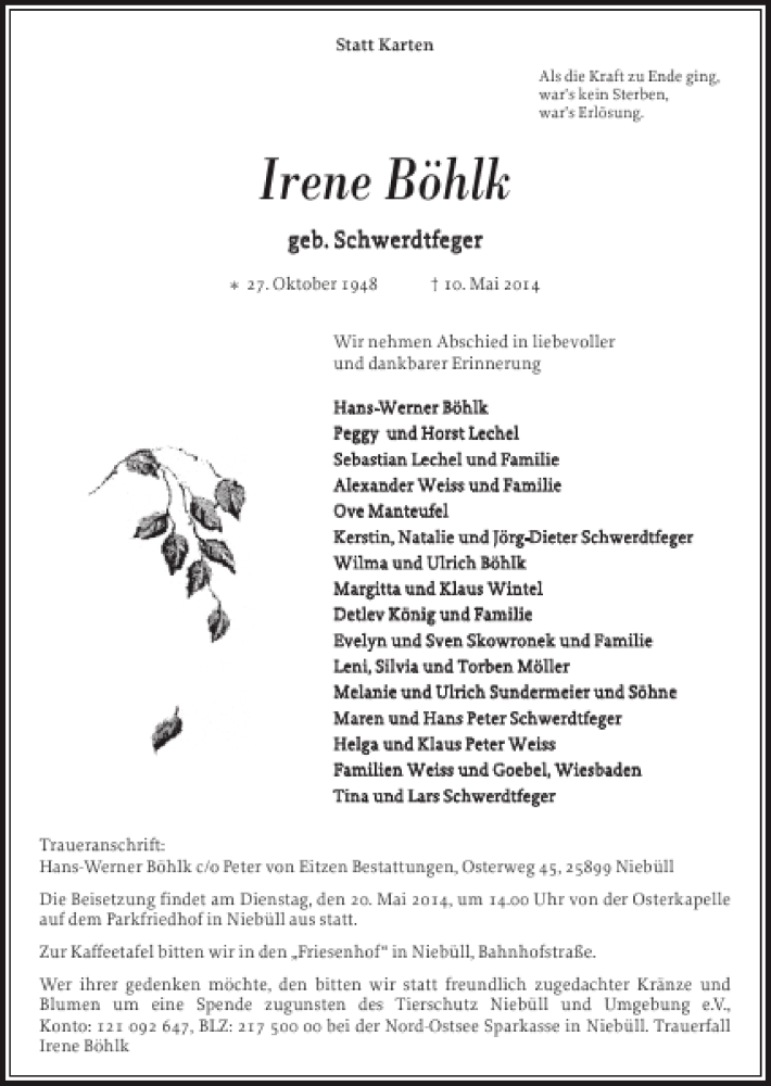  Traueranzeige für Irene Böhlk vom 17.05.2014 aus Nordfriesland Tageblatt