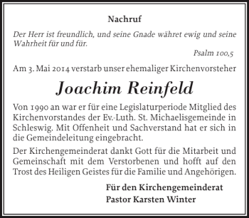 Traueranzeige von Joachim Reinfeld von Schleswiger Nachrichten