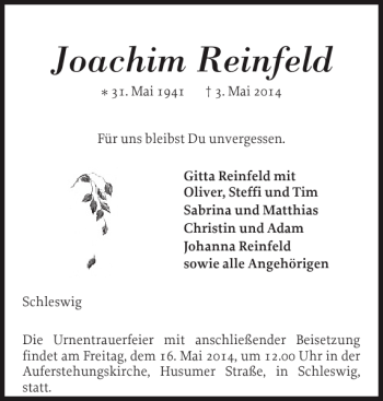 Traueranzeige von Joachim Reinfeld von Schleswiger Nachrichten