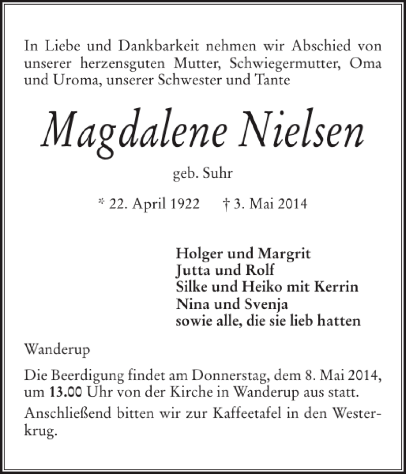  Traueranzeige für Magdalene Nielsen vom 06.05.2014 aus Flensburger Tageblatt