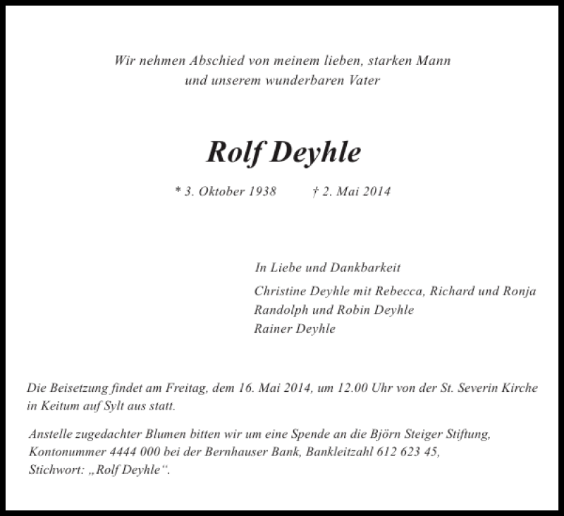  Traueranzeige für Rolf Deyhle vom 15.05.2014 aus Sylter Rundschau