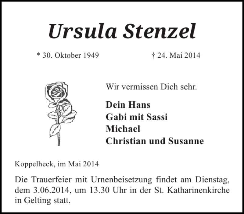  Traueranzeige für Ursula Stenzel vom 31.05.2014 aus Schlei-Bote