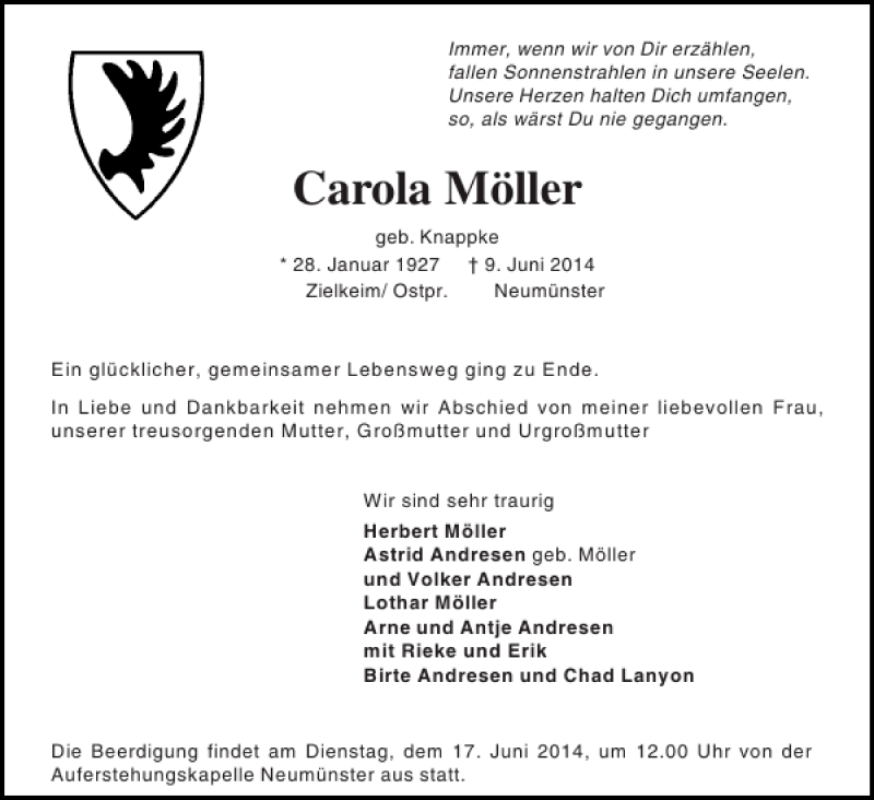  Traueranzeige für Carola Möller vom 14.06.2014 aus Holsteinischer Courier