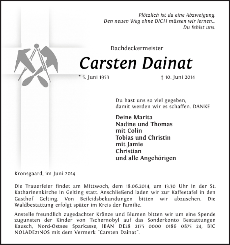  Traueranzeige für Carsten Dainat vom 13.06.2014 aus Flensburger Tageblatt
