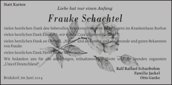 Traueranzeige von Frauke Schachtel von Norddeutsche Rundschau