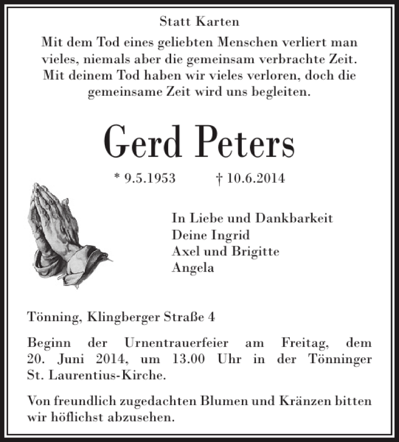  Traueranzeige für Gerd Peters vom 14.06.2014 aus Husumer Nachrichten