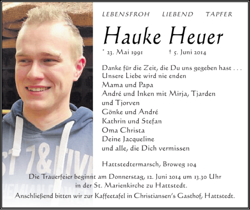  Traueranzeige für Hauke Heuer vom 07.06.2014 aus Husumer Nachrichten