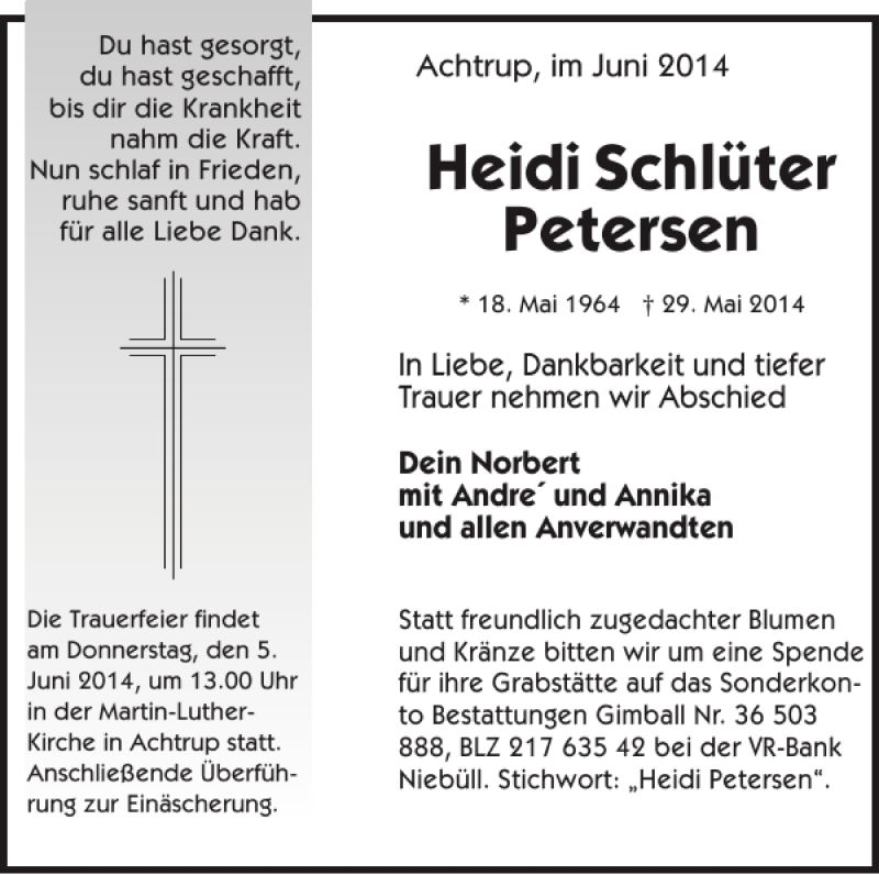  Traueranzeige für Heidi Schlüter Petersen vom 02.06.2014 aus Nordfriesland Tageblatt