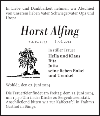 Traueranzeige von Horst Alfing von Schleswiger Nachrichten