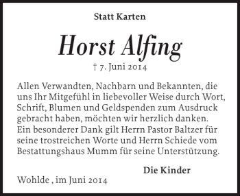 Traueranzeige von Horst Alfing von Schleswiger Nachrichten