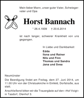 Traueranzeige von Horst Bannach von Holsteinischer Courier