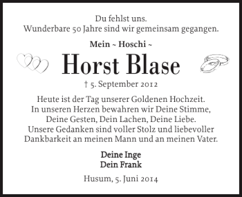 Traueranzeige von Horst Blase von Husumer Nachrichten