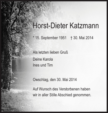 Traueranzeige von Horst-Dieter Katzmann von Landeszeitung
