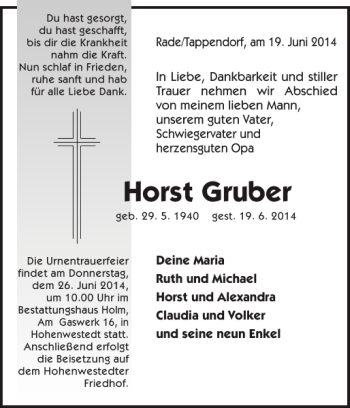 Traueranzeige von Horst Gruber von Landeszeitung