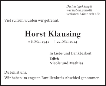 Traueranzeige von Horst Klausing von Pinneberger Tageblatt