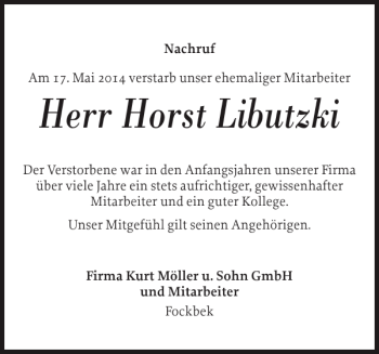 Traueranzeige von Horst Libutzki von Landeszeitung