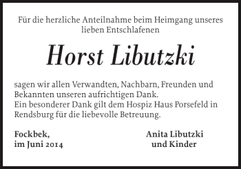 Traueranzeige von Horst Libutzki von Landeszeitung