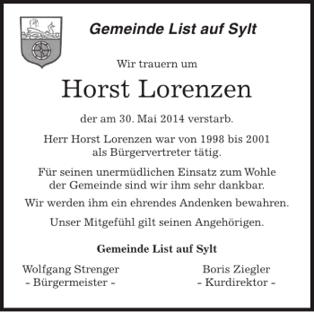 Traueranzeige von Horst Lorenzen von Sylter Rundschau