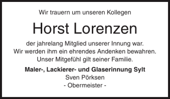 Traueranzeige von Horst Lorenzen von Sylter Rundschau