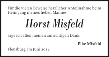 Traueranzeige von Horst Misfeld von Flensburger Tageblatt