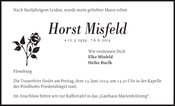 Traueranzeige von Horst Misfeld von Flensburger Tageblatt