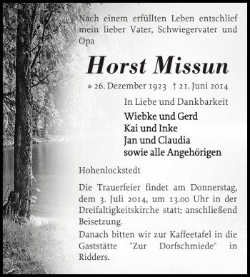 Traueranzeige von Horst Missun von Norddeutsche Rundschau