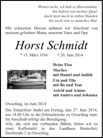 Traueranzeige von Horst Schmidt von Landeszeitung